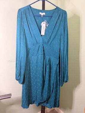 Topshop Teal V-Neck Long Sleeve Button-Waist Dress